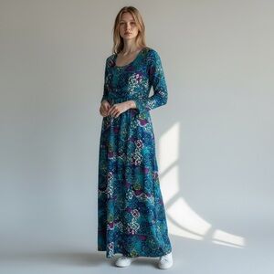 Vintage Pacific Isle Creations of Hawaii Long Sleeve Blue Maxi Dress